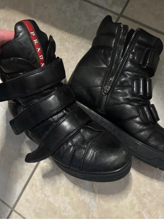 Prada Shoes - Prada Sport Black Leather Triple Strap High Top Wedge Sneakers 39